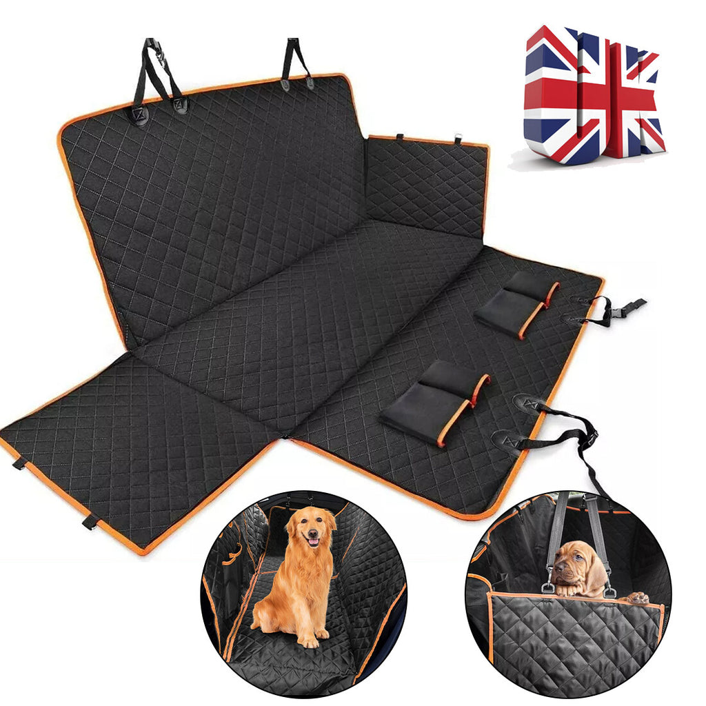 Black quilted dog car seat hammock with orange piping shown unfolded, with headrest straps and side flaps