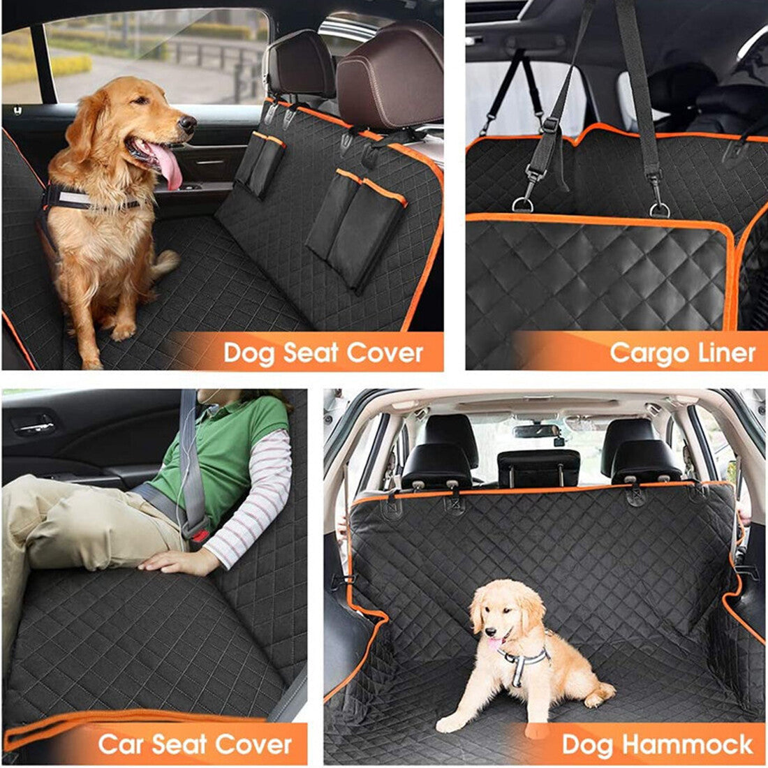 Four views of the black dog car seat cover used as a rear seat protector, cargo liner, seat cover and hammock