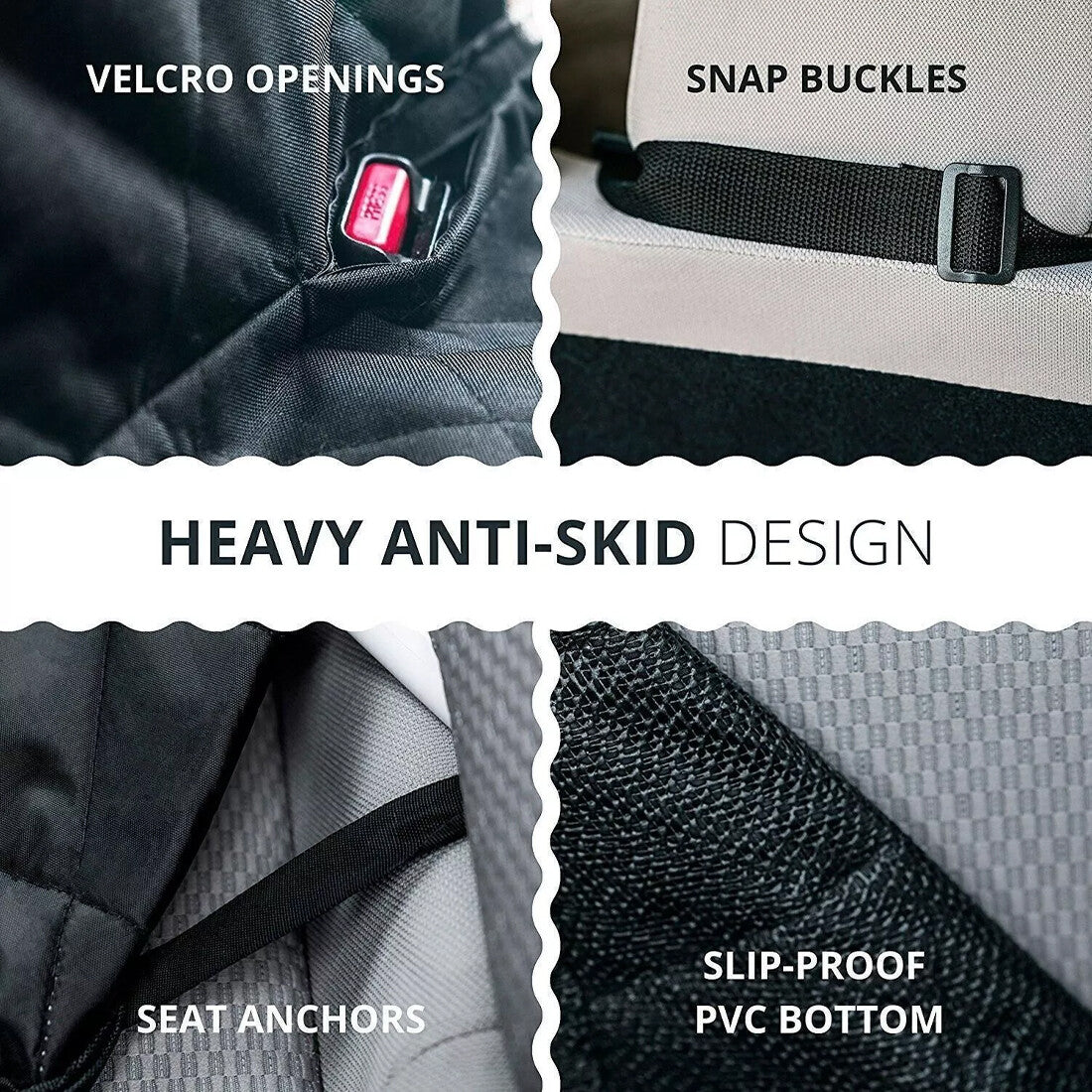 Close-ups of the dog seat cover’s seatbelt openings, headrest buckles, seat anchors and non-slip backing